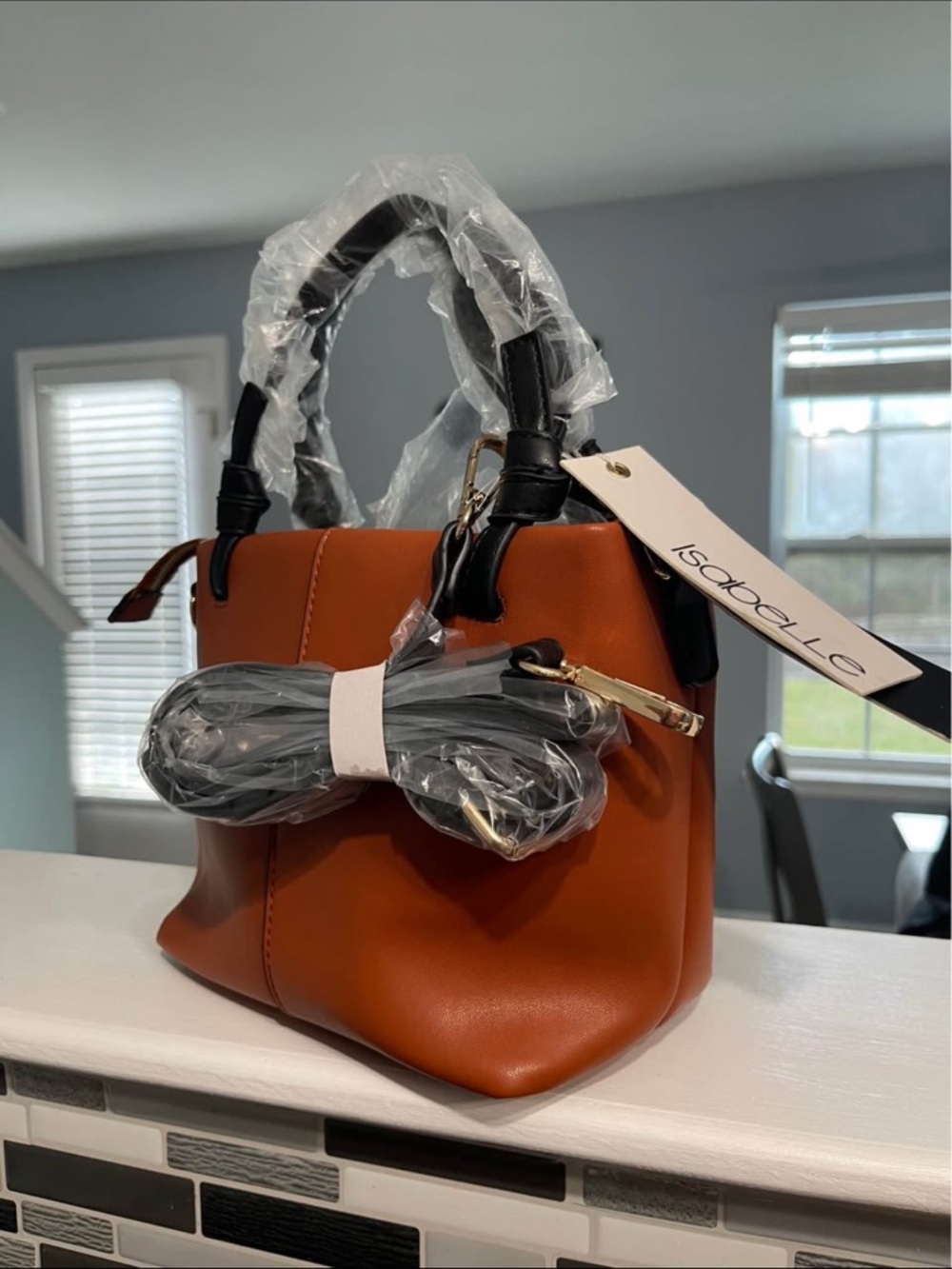 Isabelle Women's Structured Satchel in Cognac Orange with Black Handles